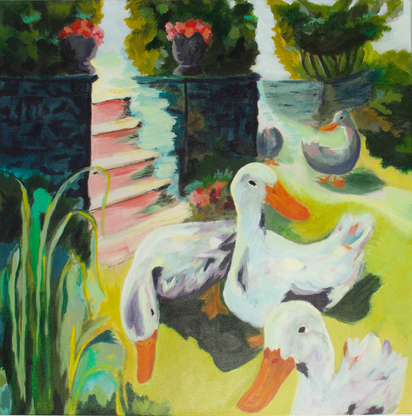 Three white ducks in the foreground of the painting, a brick wall with pink steps leading up, with two grey pots with red flowers sitting atop the wall. In the background there are two more grey ducks coming out of another walled driveway, a stand of trees in the distance.
