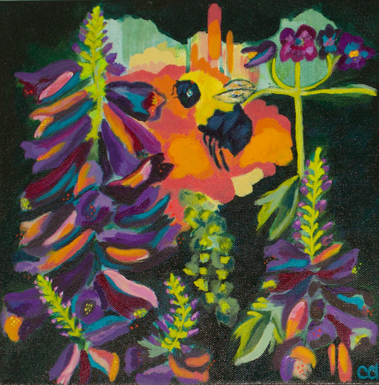 A colorful abstracted flower painting featuring the pollinator friendly obedient plant and a bumblebee, with vibrant shades of purple, yellow, and green.