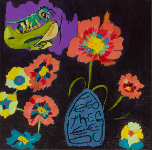 A colorful sweat bee flying a Geebee Z plane. Featuring stylized flowers and a bee. The text feed the bees is worked into the vase of the flowers.