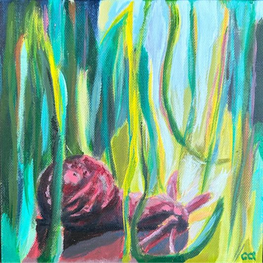 A purple snail is in the lower portion of the painting, with abrstracted greens, blues and yellow grasses coming down from the top of the work.