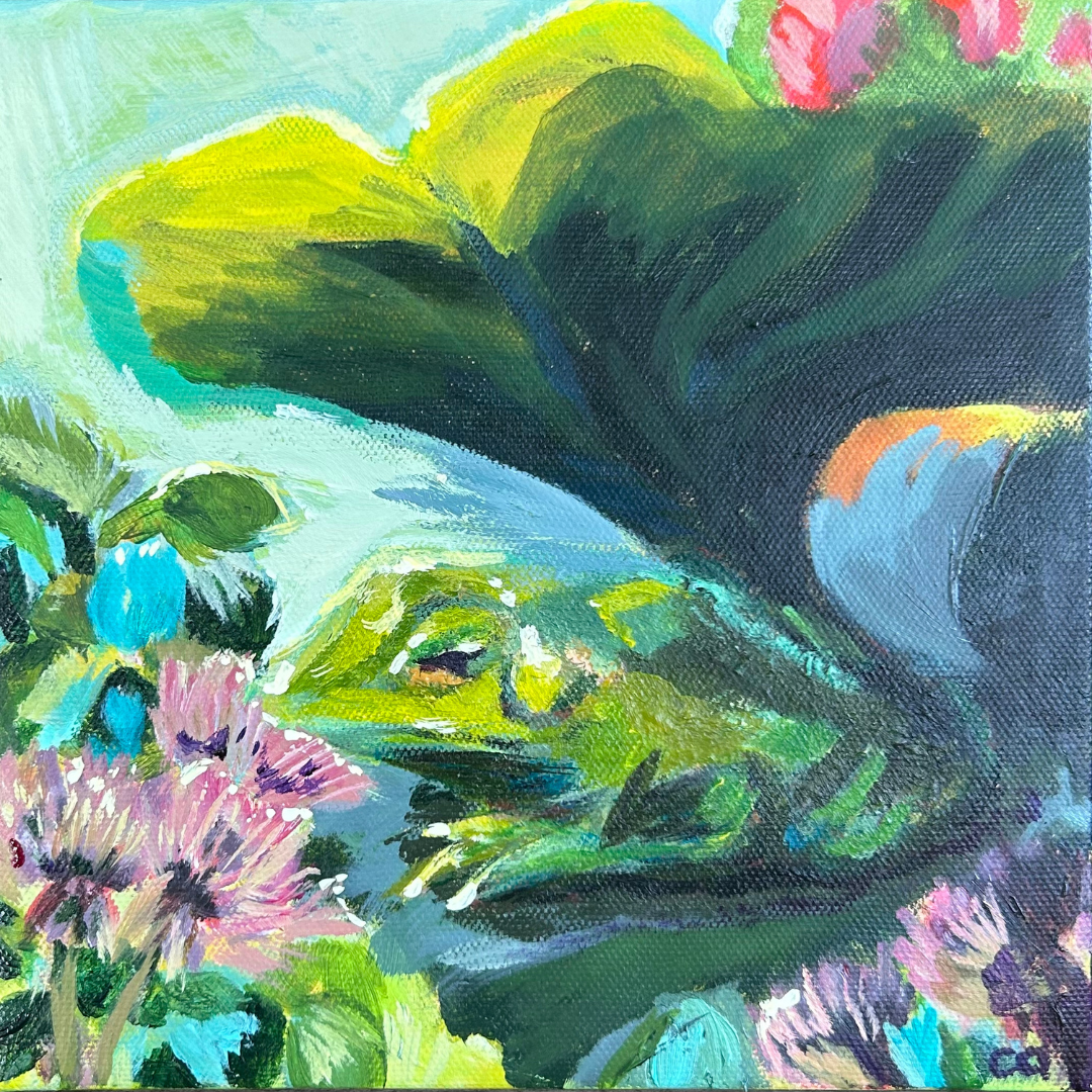 A green toad is hiding under a green leaf. In the lower corners of the work there are red clover flowers, the sun is shining through a bright blue background.