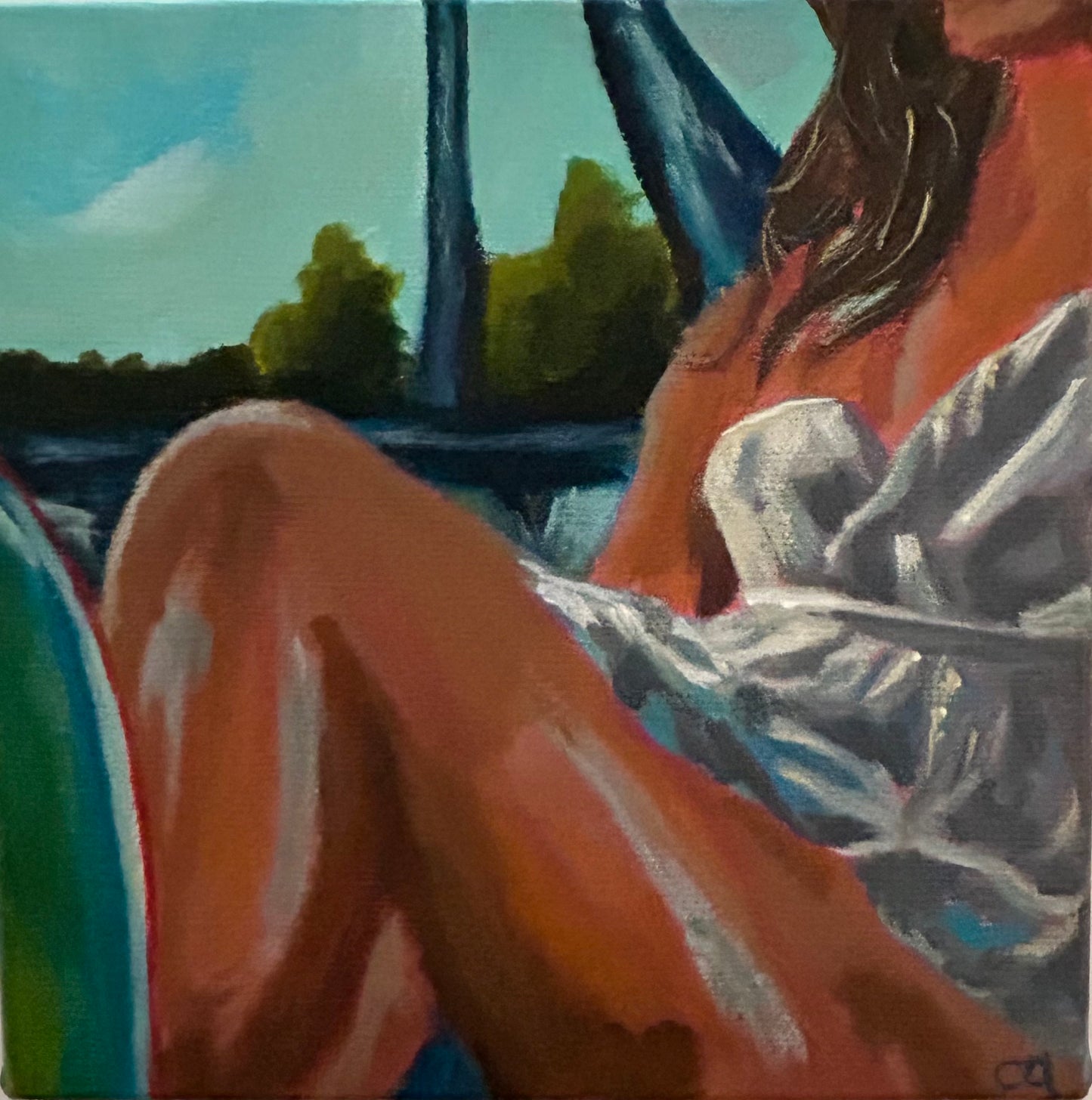 This image features a vibrant and detailed painting titled "Riding In Cars (Summer Series)". The artwork captures a moment of relaxation, depicting a woman in a white sundress lounging in the bacseat of a car, basking in the warmth of the sun.