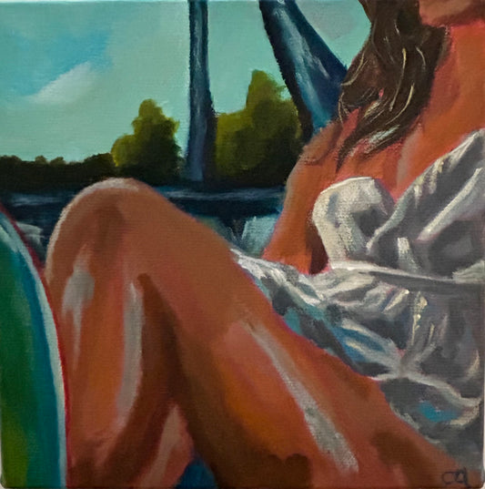 This image features a vibrant and detailed painting titled "Riding In Cars (Summer Series)". The artwork captures a moment of relaxation, depicting a woman in a white sundress lounging in the bacseat of a car, basking in the warmth of the sun.