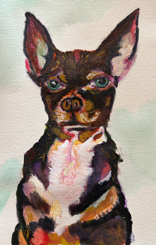 Colorful painting of a small chihuahua dog with a watercolor background