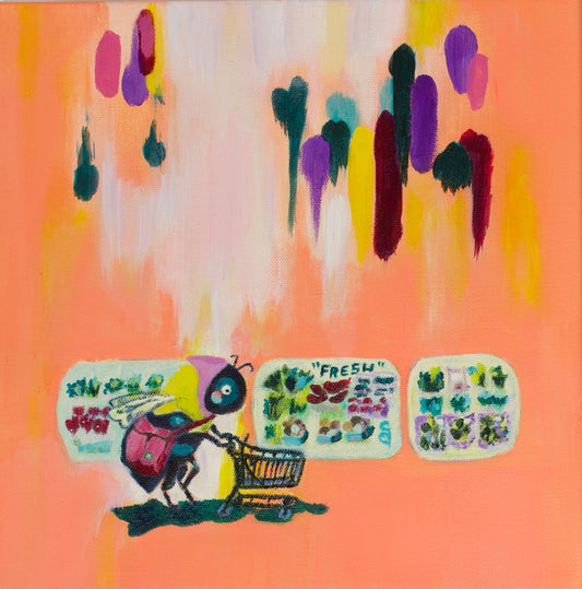Colorful illustration of a bee wearing a head scarf, with a messenger bag is pushing a shopping cart. Refridgerated vegetables on display behind her, on an orange background. A series of purple and blue paint drips at the top of the work.