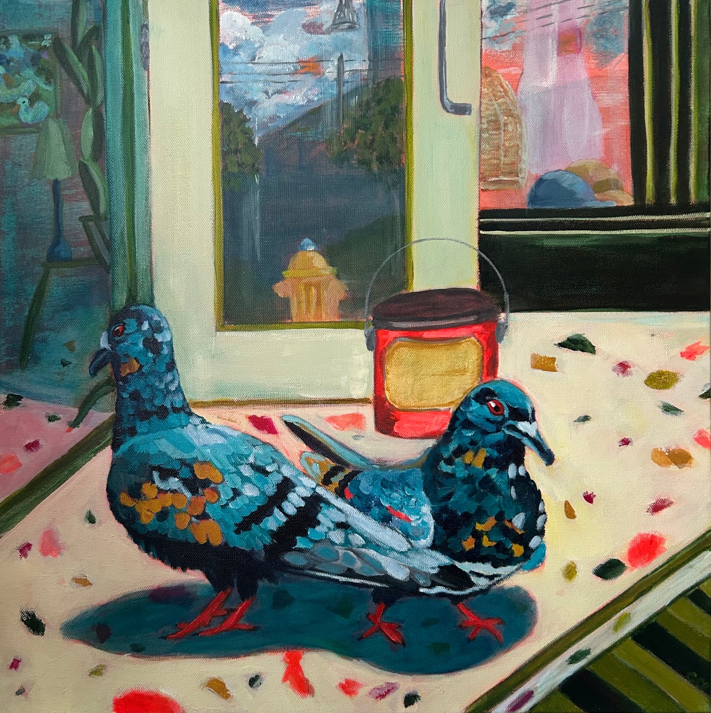 Two blue pigeons on the stoop of Hokum in the Glebe Ottawa, the storefront door is propped open with a bright red vintage tin. In the storefront window there is a Ontario Peach t shirt, a woven lampshade and a blue and brown ball cap. Inside the store you can see a giant cactus, a table with blue lamp and on the wall you can see a painting of ducks (Promenade on Clemow easter egg). The tile work of the stoop is brightly coloured terrazzo tile. The reflections in the door show a yellow fire hydrant, clouds.