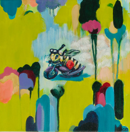 Colorful abstract painting with a bee  riding a motorcycle, set on a lime green background with drips of blue cloudlike formations all around. Some pink and grey clouds too.