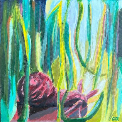 A purple snail is in the lower portion of the painting, with abrstracted greens, blues and yellow grasses coming down from the top of the work. 