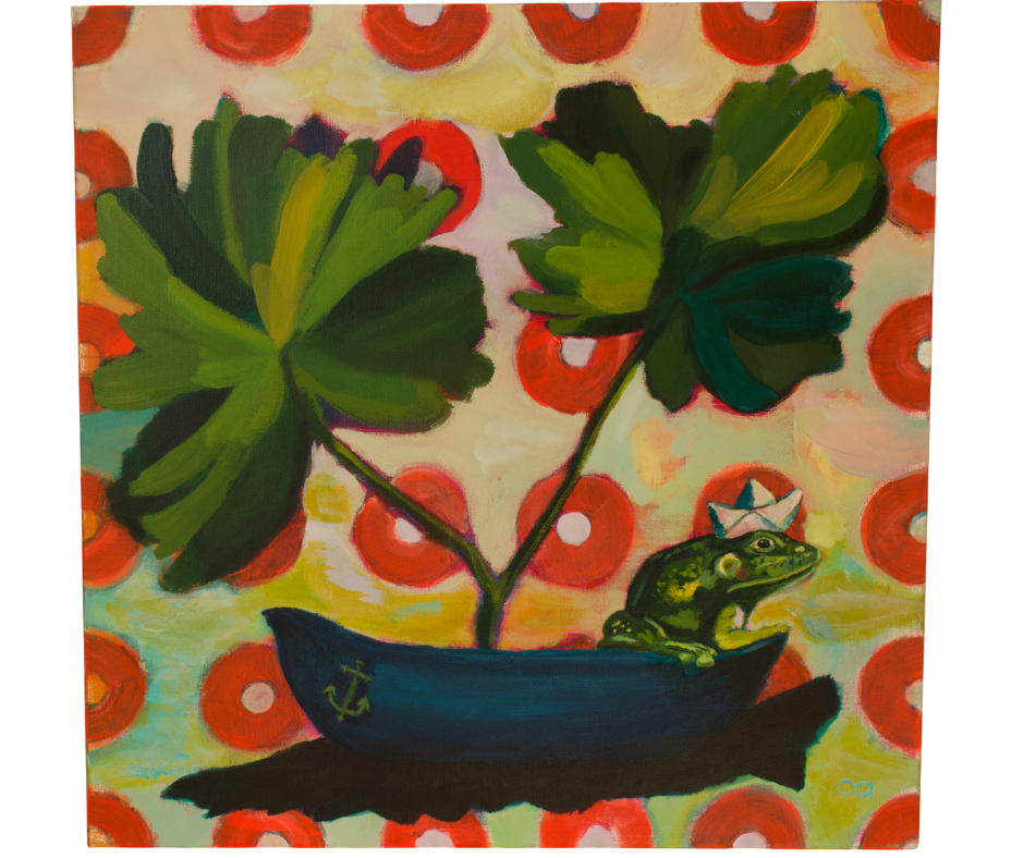 Green frog wearing a paper boat hat sitting on the edge of a blue boat with two large green leaves as sails, set on a on a colorful red dotted background.
