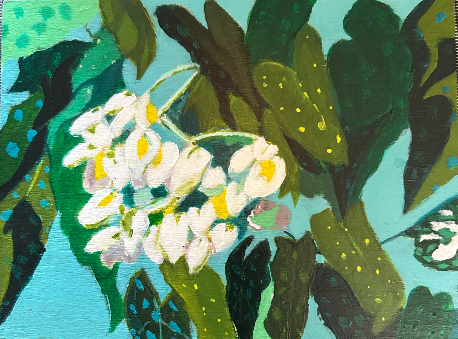 Artistic depiction of white flowers with green leaves on a textured blue background