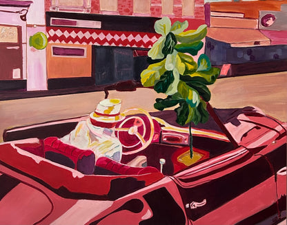 Monotone red/pink painting of a vintage convertible car, a man wearing a white shirt and hat getting into the car and has a large ficus plant in the car with him. Set against a cityscape found on Bank street, in the Glebe Ottawa. 
