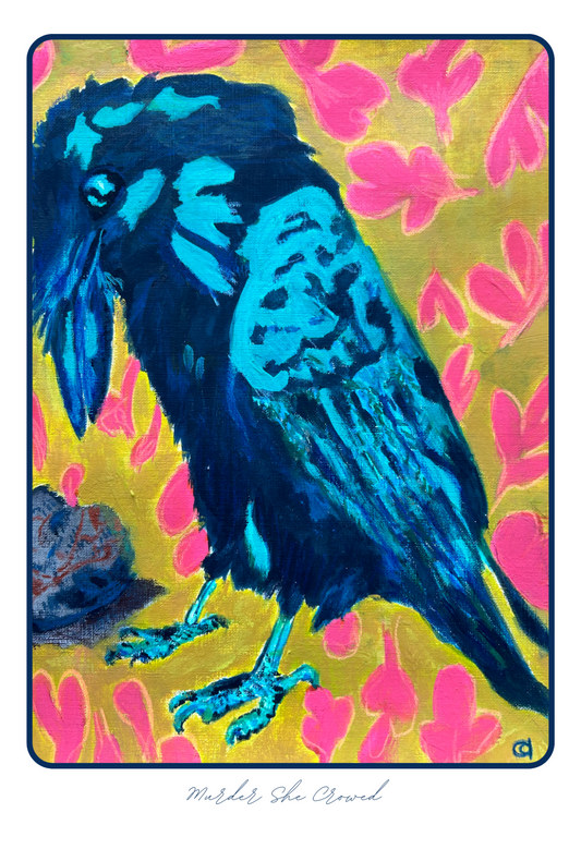 Blue bird illustration  of a crow on a colorful abstracted pink floral background