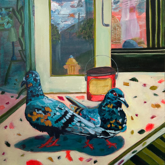 Two blue pigeons on the stoop of Hokum in the Glebe Ottawa, the storefront door is propped open with a bright red vintage tin. In the storefront window there is a Ontario Peach t shirt, a woven lampshade and a blue and brown ball cap. Inside the store you can see a giant cactus, a table with  blue lamp and on the wall you can see a painting of ducks (Promenade on Clemow easter egg). The tile work of the stoop is brightly coloured terrazzo tile. The reflections in the door show a yellow fire hydrant, clouds.