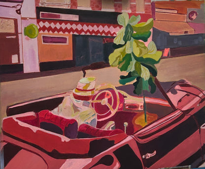 Monotone red/pink painting of a vintage convertible car, a man wearing a white shirt and hat getting into the car and has a large ficus plant in the car with him. Set against a cityscape found on Bank street, in the Glebe Ottawa. 